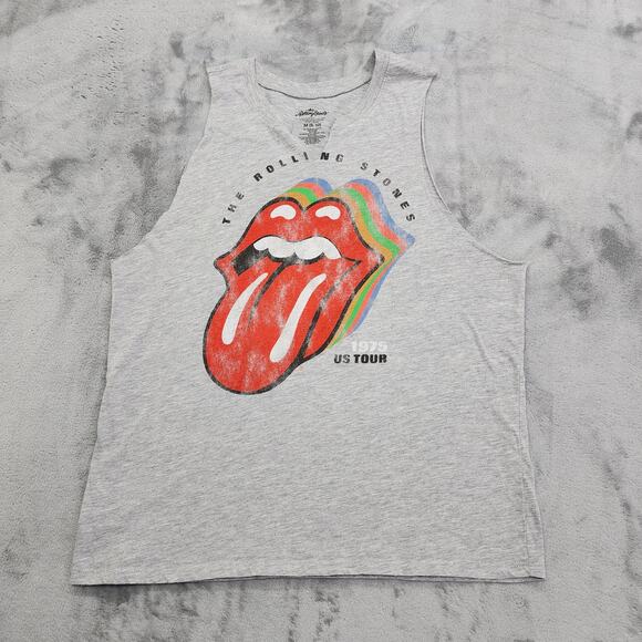 The Rolling Stones Top Womens M Gray Muscle Tee Tank Notched Neck 1975 US TOUR - Picture 1 of 8